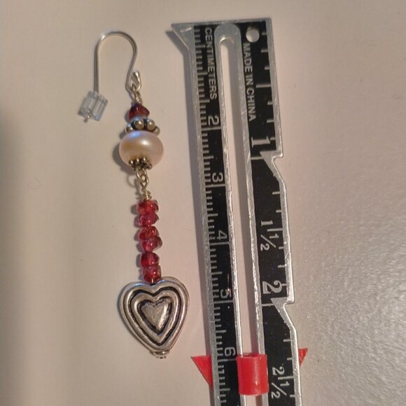 Sterling Silver Heart, Pearl & Garnet Dangle Earrings - Picture 3 of 7